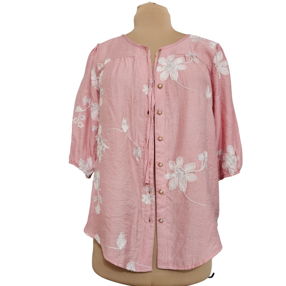 New Ana & Rose Blush Pink Floral Embroidered Lurex Blouse Womens Large